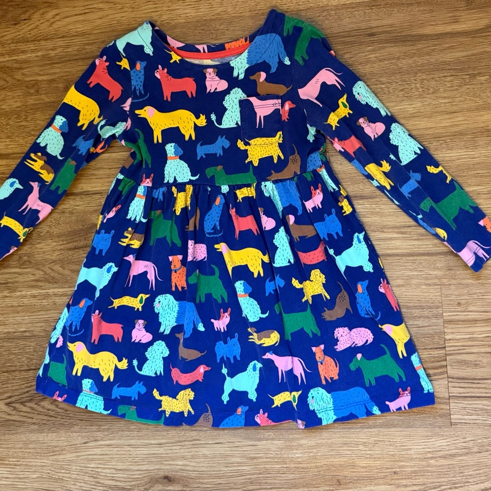 Mini Boden Colorful Dog Print Long Sleeve Fun Jersey Dress